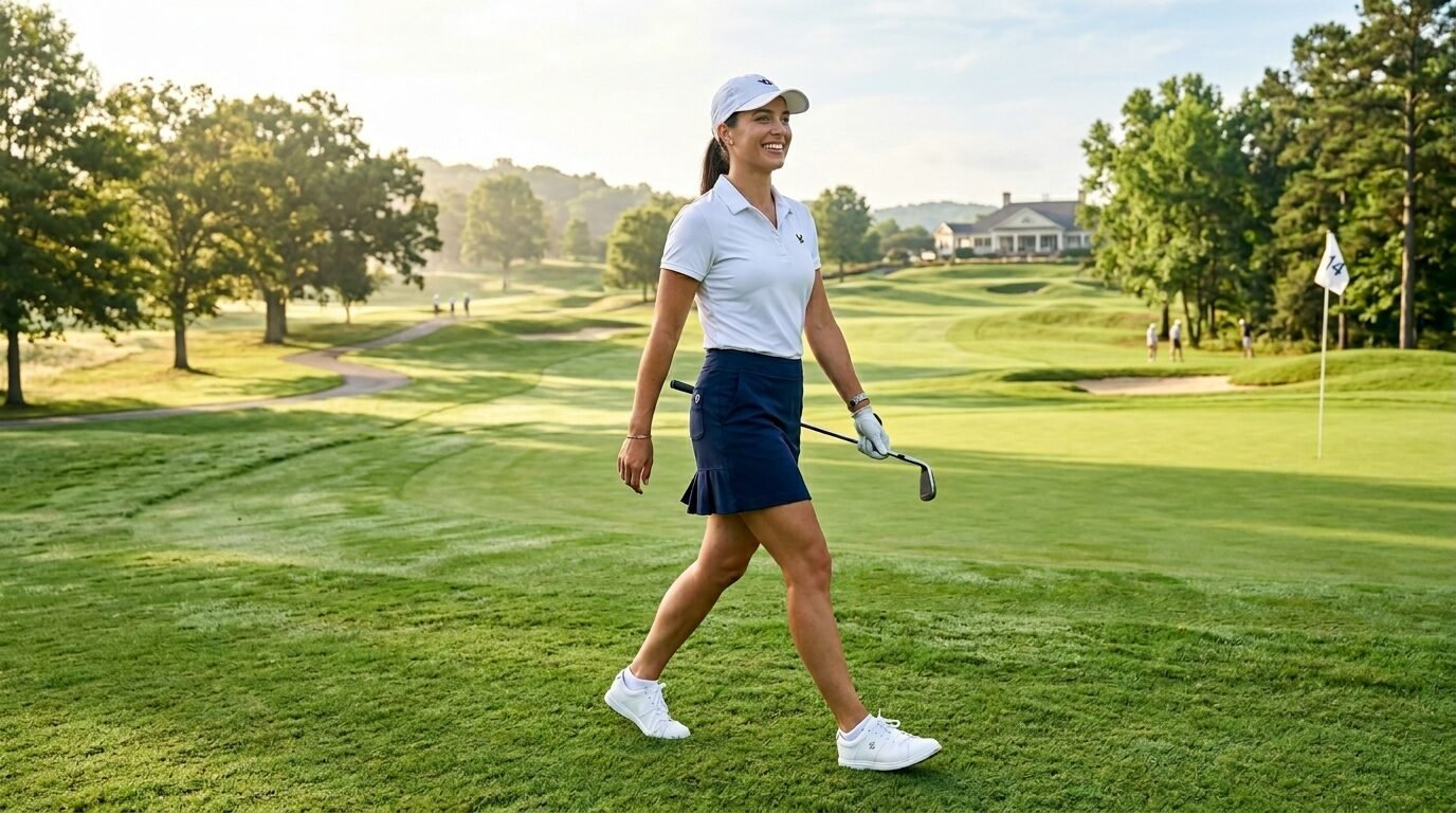 A woman in a white polo shirt and navy skirt walks across a green golf course holding a club.