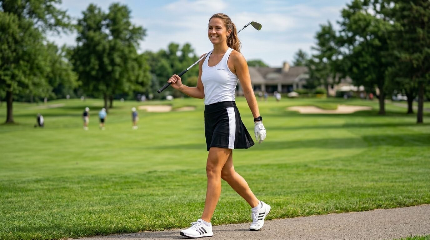 Young athletic woman walking on a golf course path wearing a white tank top and black skirt with a club on her shoulder.