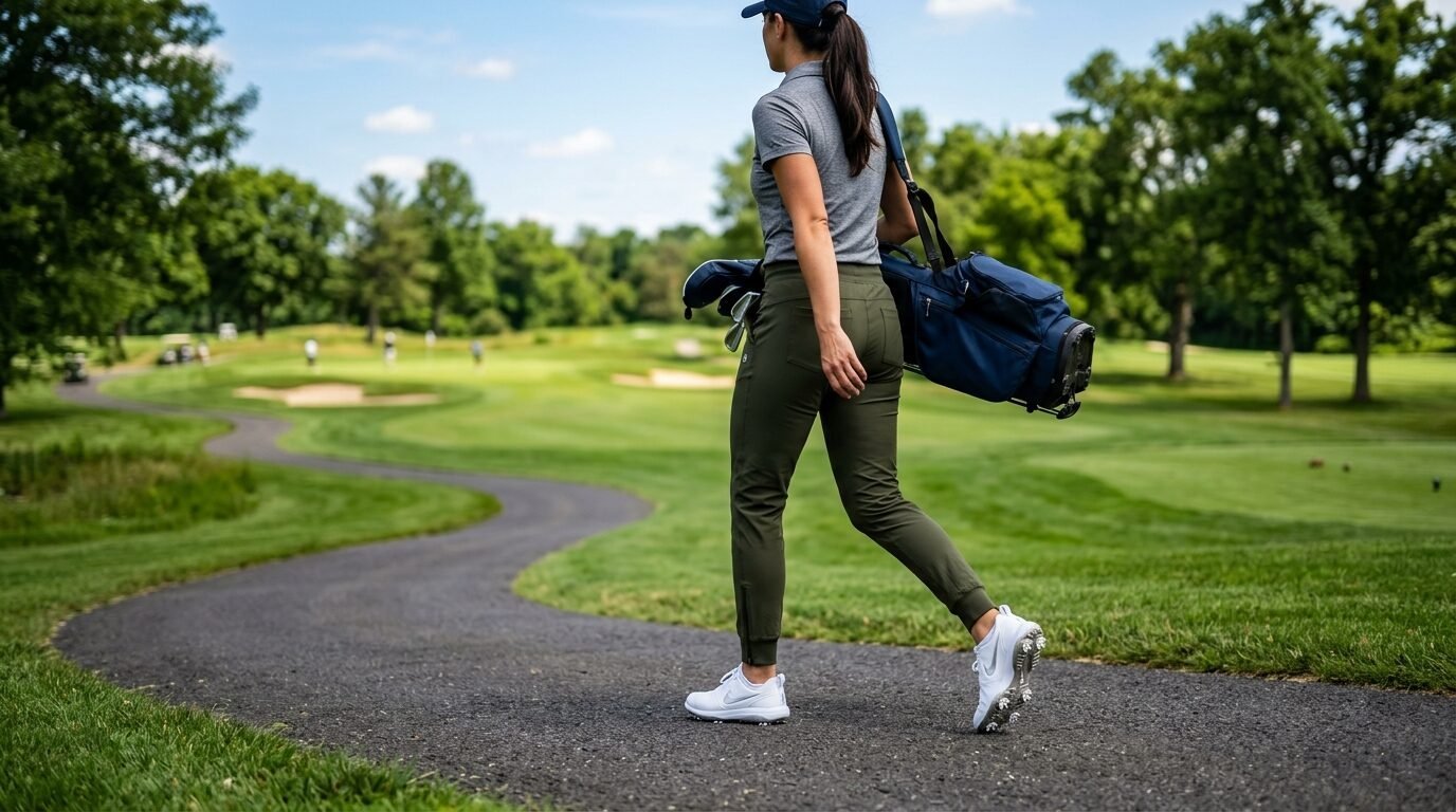 A female golfer in green pants and a grey polo shirt walks along a paved path on a bright sunny day.