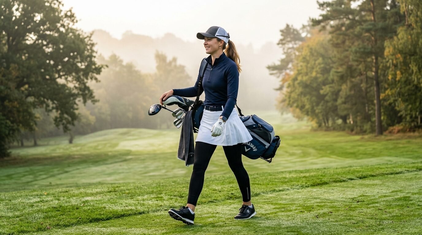 Young woman in athletic wear carrying a golf bag while walking on a grassy course at sunrise.