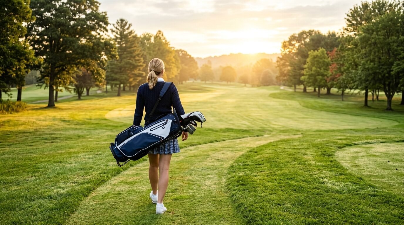 Blonde woman wearing golf attire carries a blue and white bag along a fairway during sunset.
