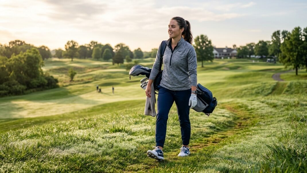 Golfer wearing a grey quarter-zip walking across a dewy green hill at sunrise.