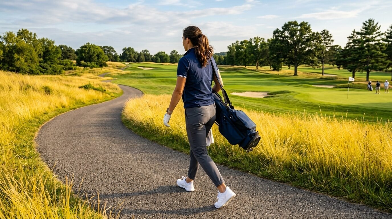 A golfer with a ponytail carries her club bag along a winding asphalt path through a sunny golf course.