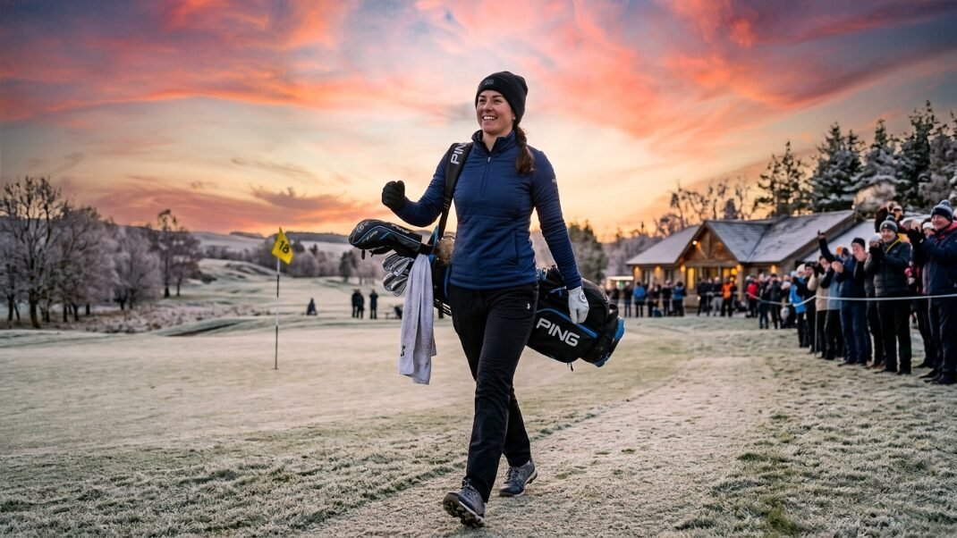 A woman in a beanie and jacket carries a Ping golf bag while walking past spectators on a frozen morning.