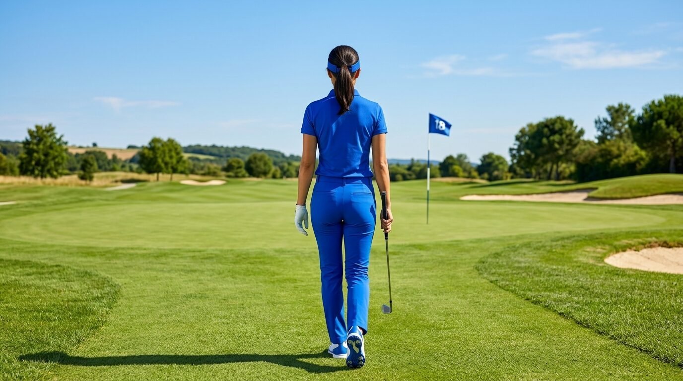 A golfer wearing a blue outfit walking on a grassy course toward a distant flag pole.