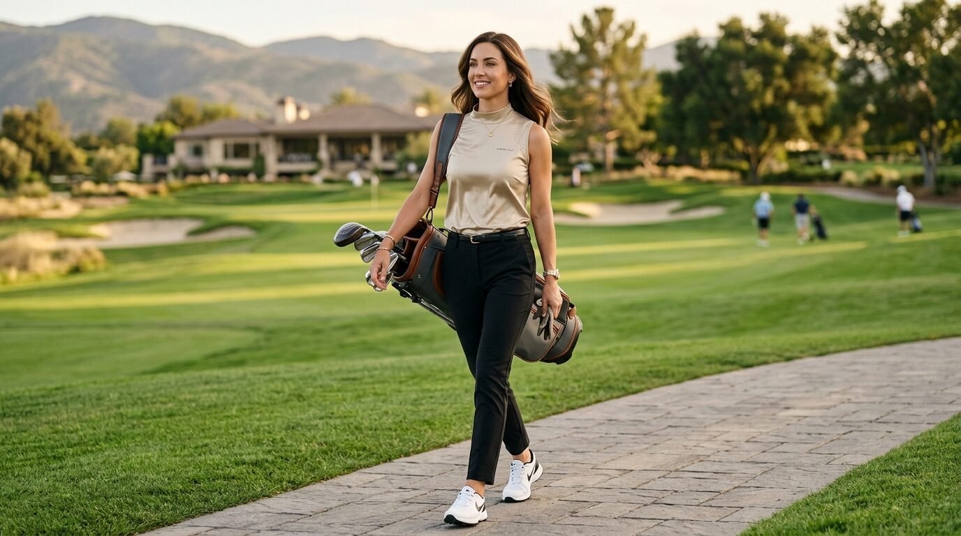Woman wearing a gold sleeveless top and black pants walking along a stone path on a green golf course.