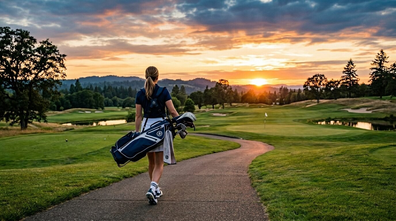A female golfer carrying a bag walks along a paved trail on a golf course during a vibrant orange sunset.