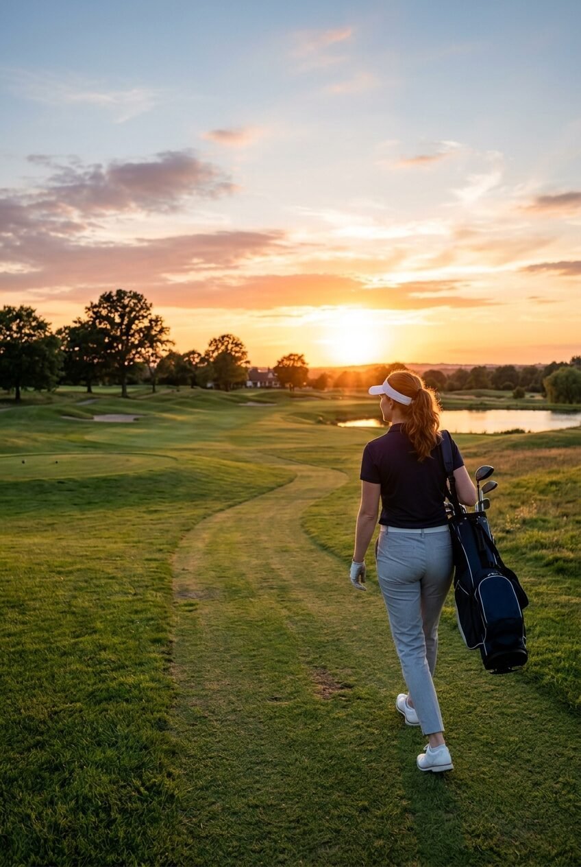 A golfer carrying her clubs along a lush green fairway during a golden hour sunset.