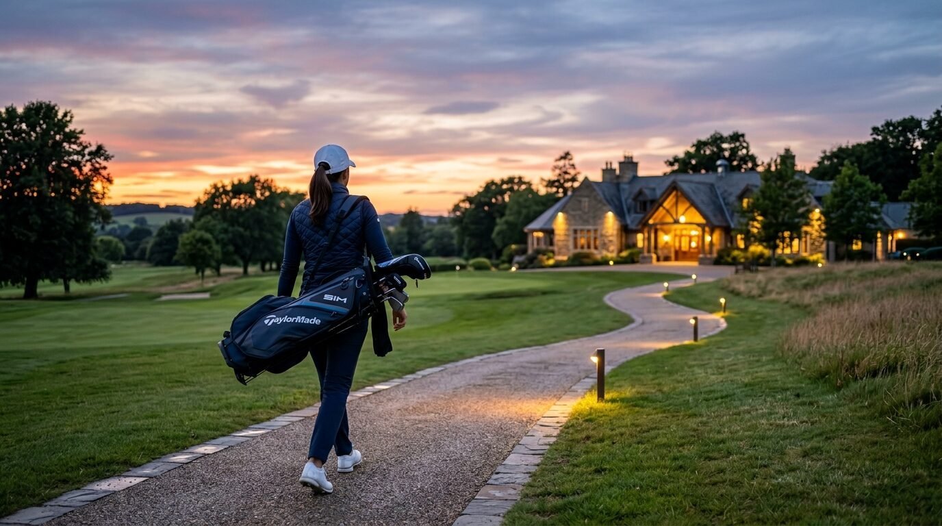 Golfer in a cap walks along a lit stone path toward a luxury clubhouse during a colorful golden hour sky.