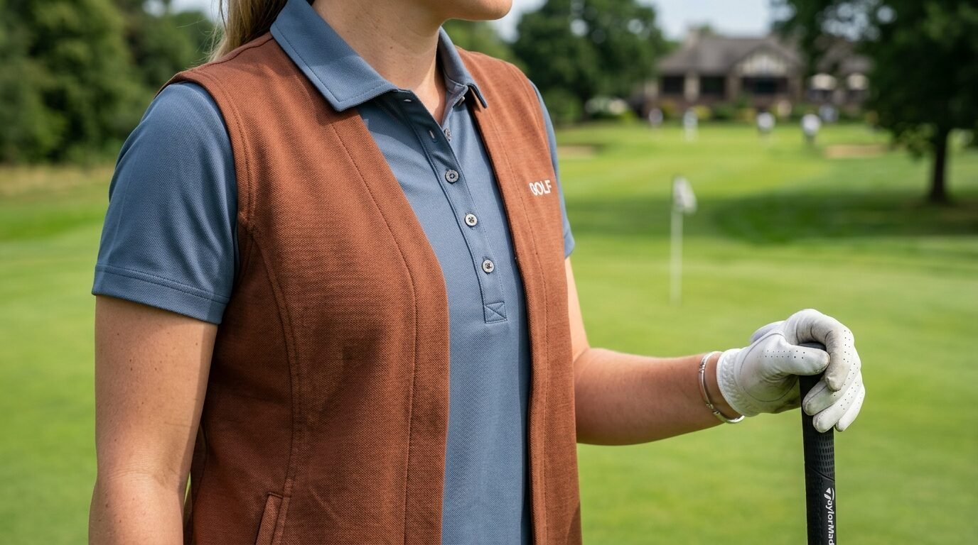 Close-up of a golfer in a brown vest and blue polo shirt holding a golf club on a green fairway.