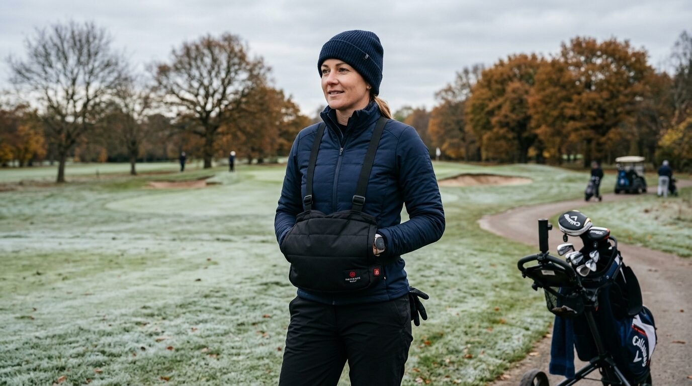 Woman in a beanie and blue jacket standing on a cold golf course with a black pouch warmer strapped to her chest.