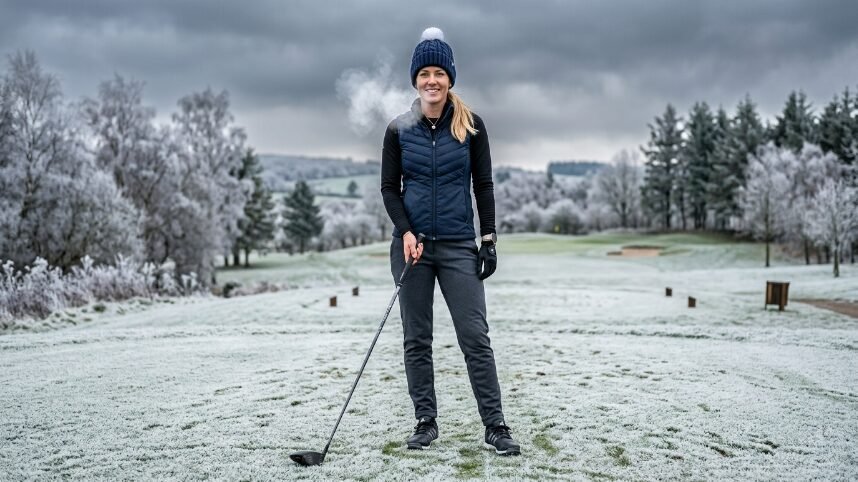 A female golfer in a beanie and vest stands on a frozen, frost-covered golf course with visible breath.