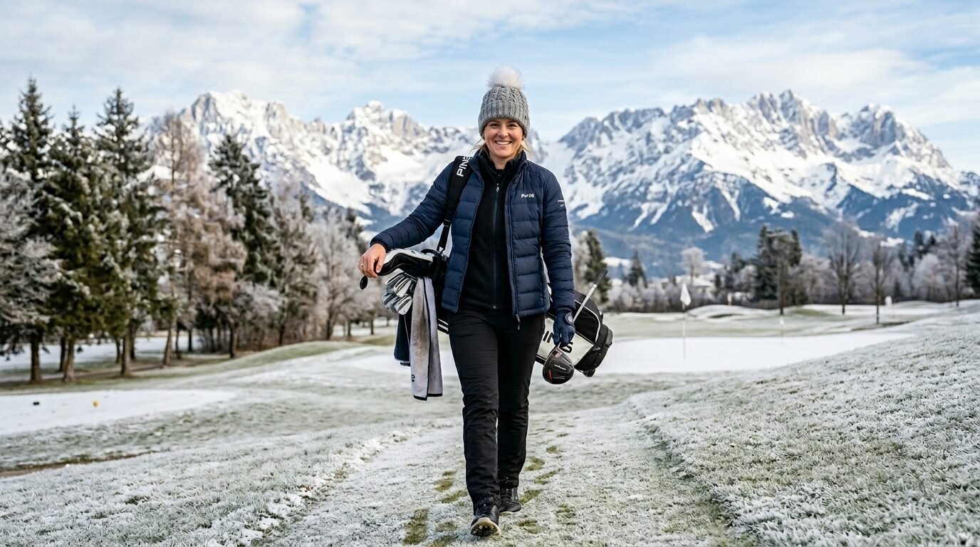 A woman in a winter beanie and jacket carrying a golf bag across a snowy landscape with mountain peaks in the background.