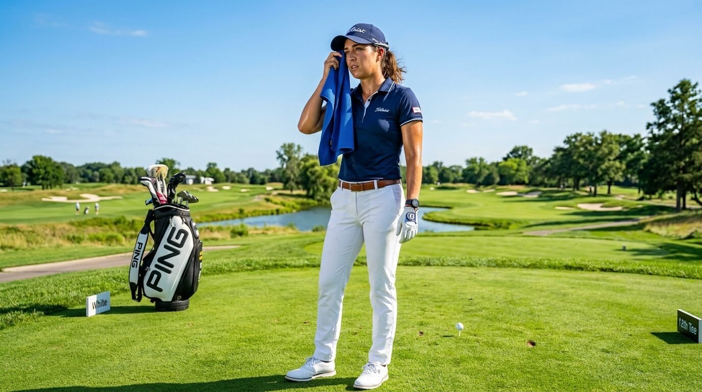 A female golfer in white pants and blue shirt uses a towel on a golf course with a Ping bag nearby.