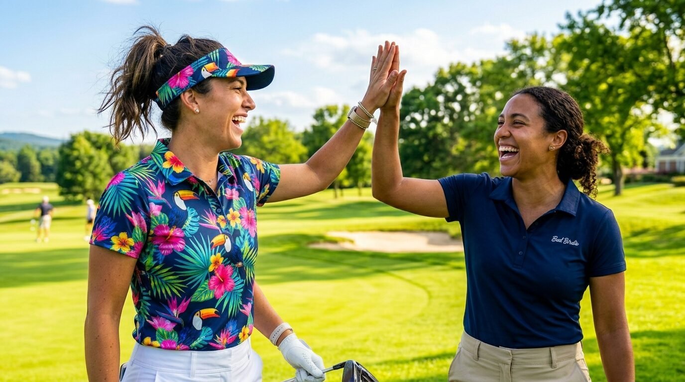 Two women wearing golf attire sharing a high-five and laughing while standing on a green golf course.