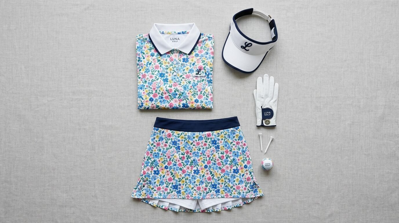 Luna Golf clothing set including a floral print polo, matching skort, visor, white glove, two tees, and a golf ball.