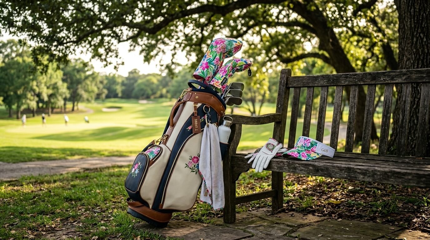 A beige and navy golf bag with floral headcovers rests against a wooden bench outdoors on a golf course.