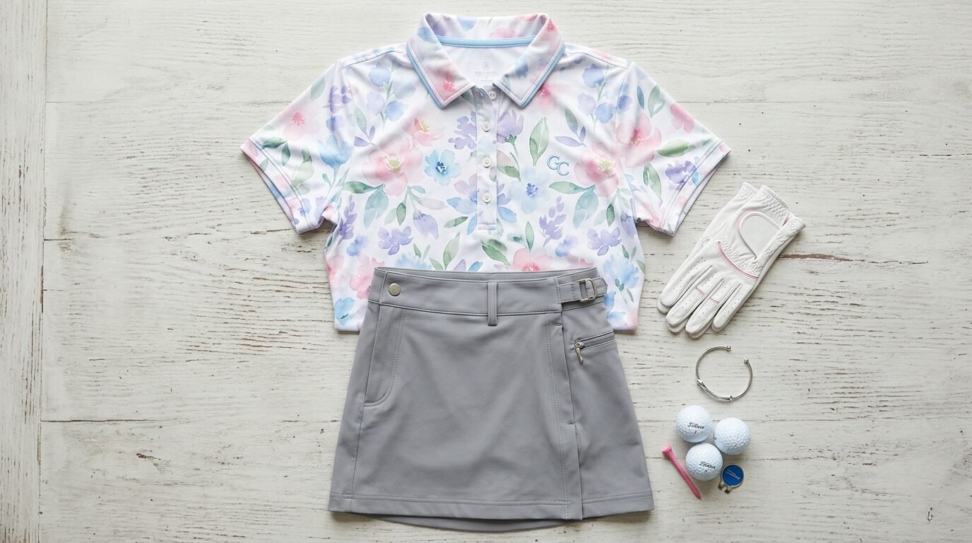A flat lay of a floral polo, grey skort, white golf glove, bracelet, and three golf balls on wood.
