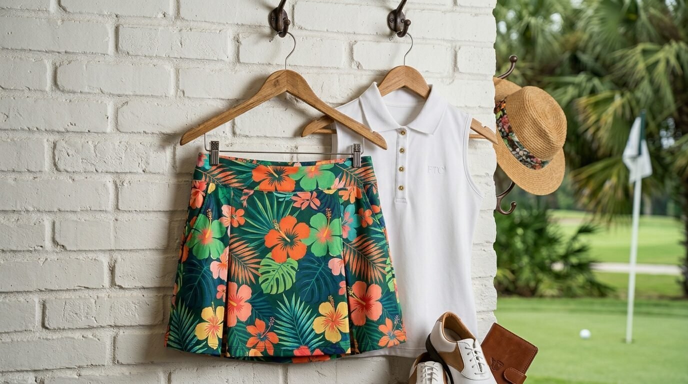 Colorful hibiscus patterned golf skirt paired with a white sleeveless polo shirt hanging on a white brick wall.