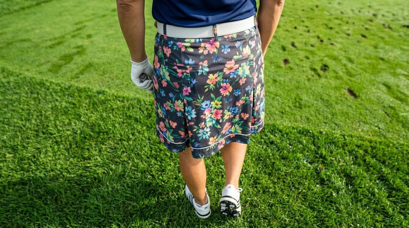 Golfer viewed from behind wearing a dark skirt with colorful flower patterns, white belt, and golf shoes.