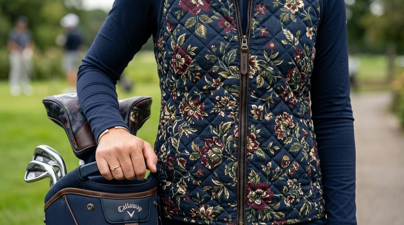 Close up of a female golfer holding a Callaway bag while wearing a quilted floral vest.
