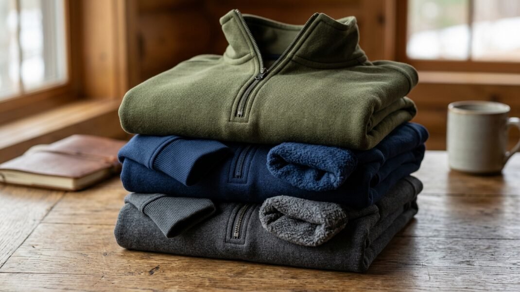 Three folded half-zip fleece sweaters in olive, navy, and charcoal stacked on a rustic wooden table.
