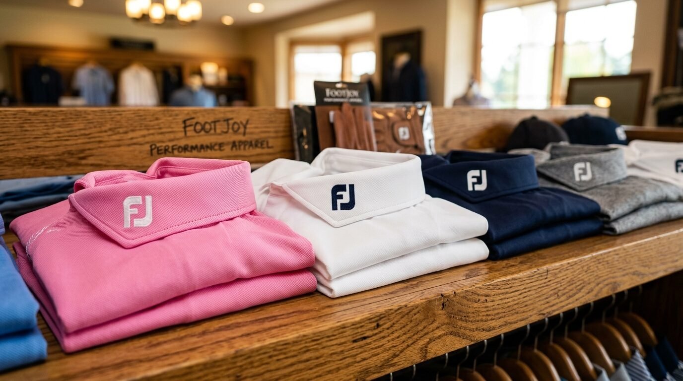 Stacks of pink, white, and navy blue FootJoy polo shirts with brand logos visible on the collars.