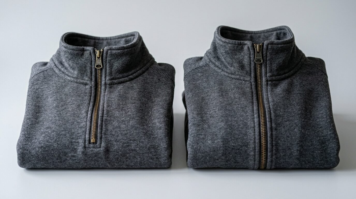 A pair of folded charcoal quarter-zip sweatshirts resting on a plain white surface.