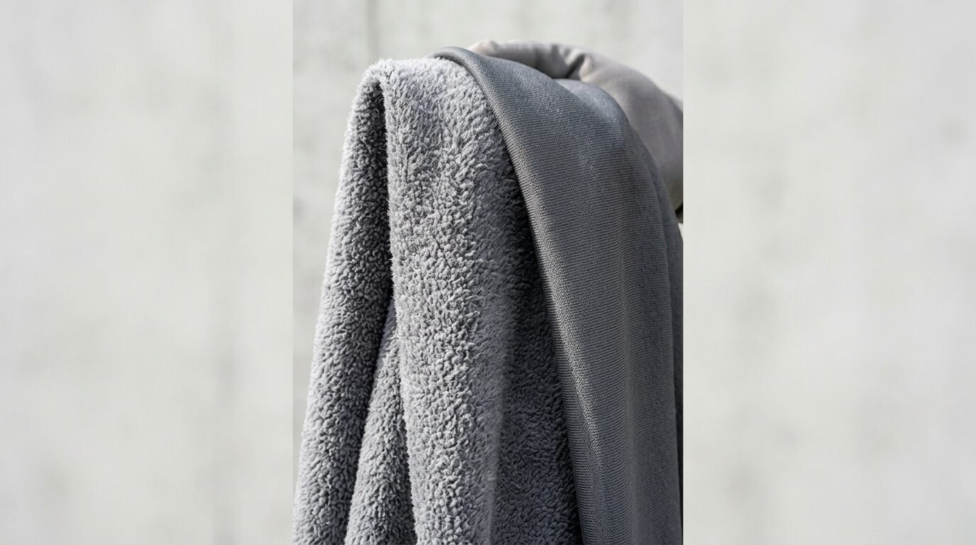 Close-up of a folded grey towel showing the contrast between the plush terry cloth and smooth fabric binding.