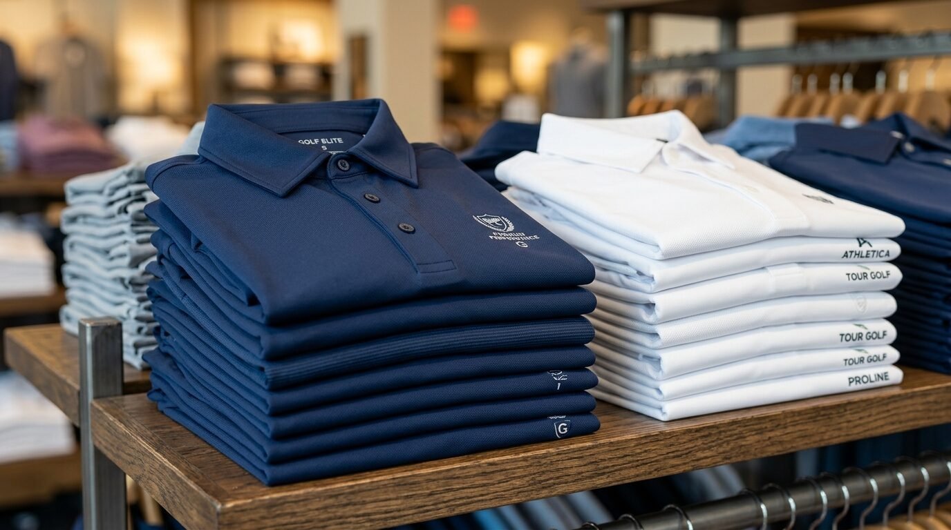 Retail display of stacked navy blue and crisp white men's polo shirts on a wooden shelf.