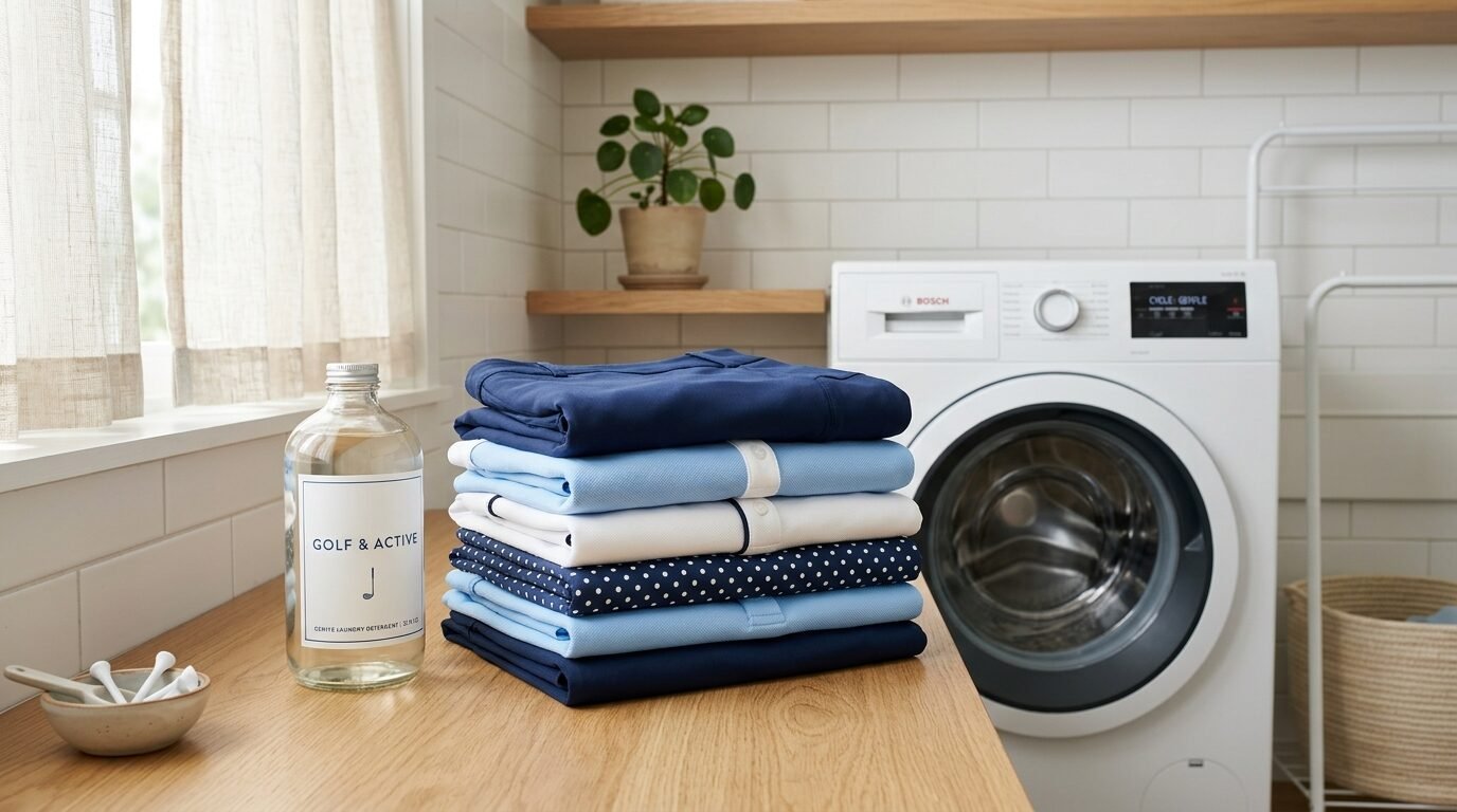 Neatly stacked blue and white shirts sitting on a wooden counter beside a bottle of laundry soap.