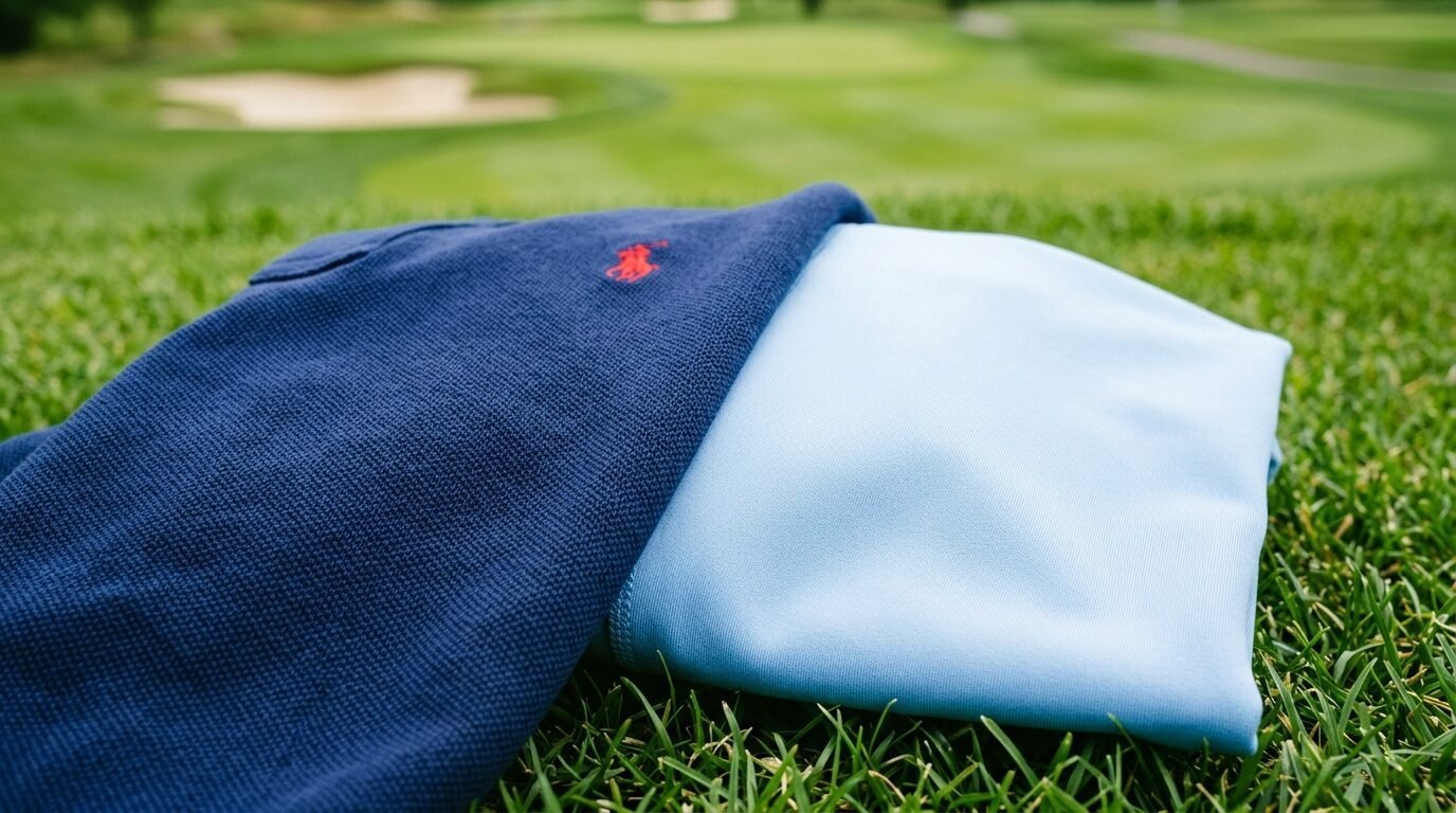 Folded navy blue polo shirt with a red logo resting on top of a light blue shirt on a grassy golf course.