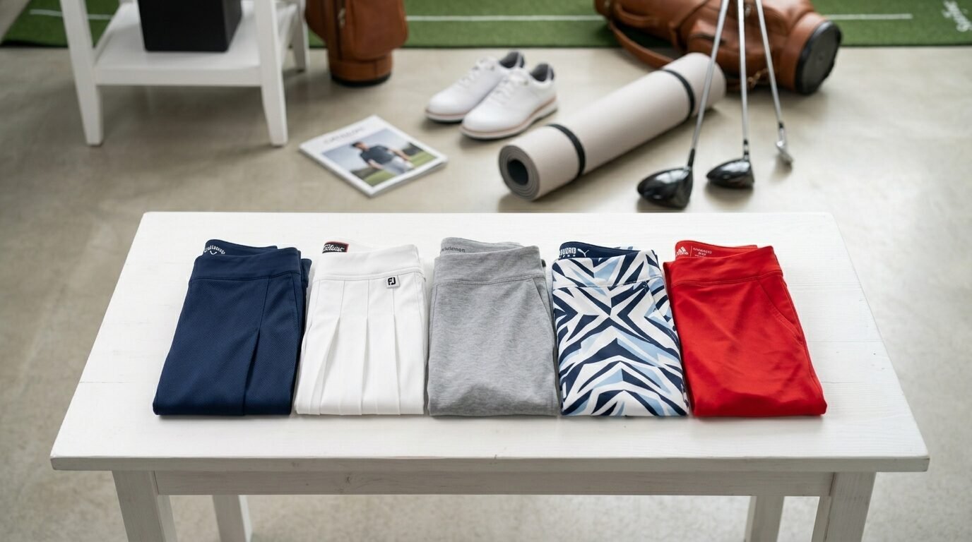 Five assorted women's golf skorts in blue, white, grey, geometric print, and red folded on a white table.