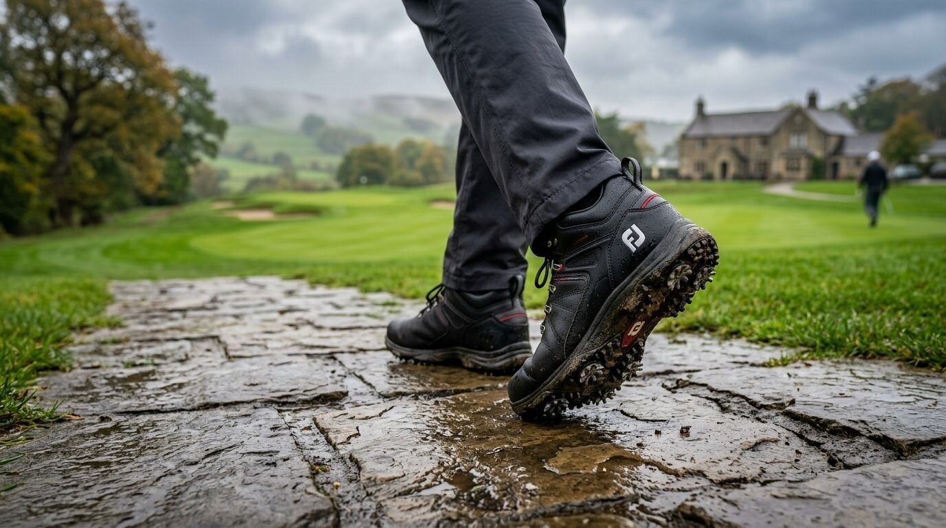 Close-up of FootJoy golf footwear with spiked soles walking across a damp cobblestone walkway on a rainy day.