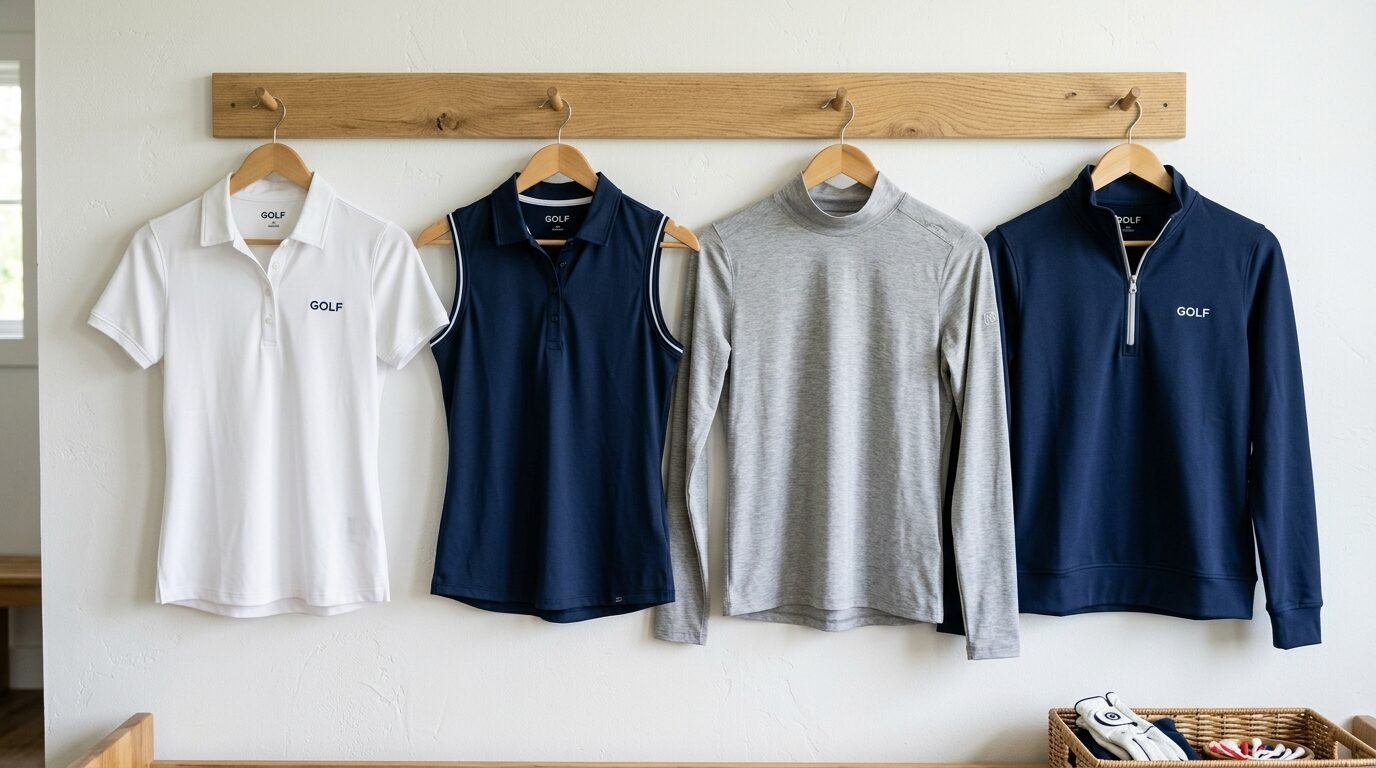 Four golf shirts including a white polo, navy sleeveless top, grey long sleeve, and navy quarter-zip hanging on hooks.
