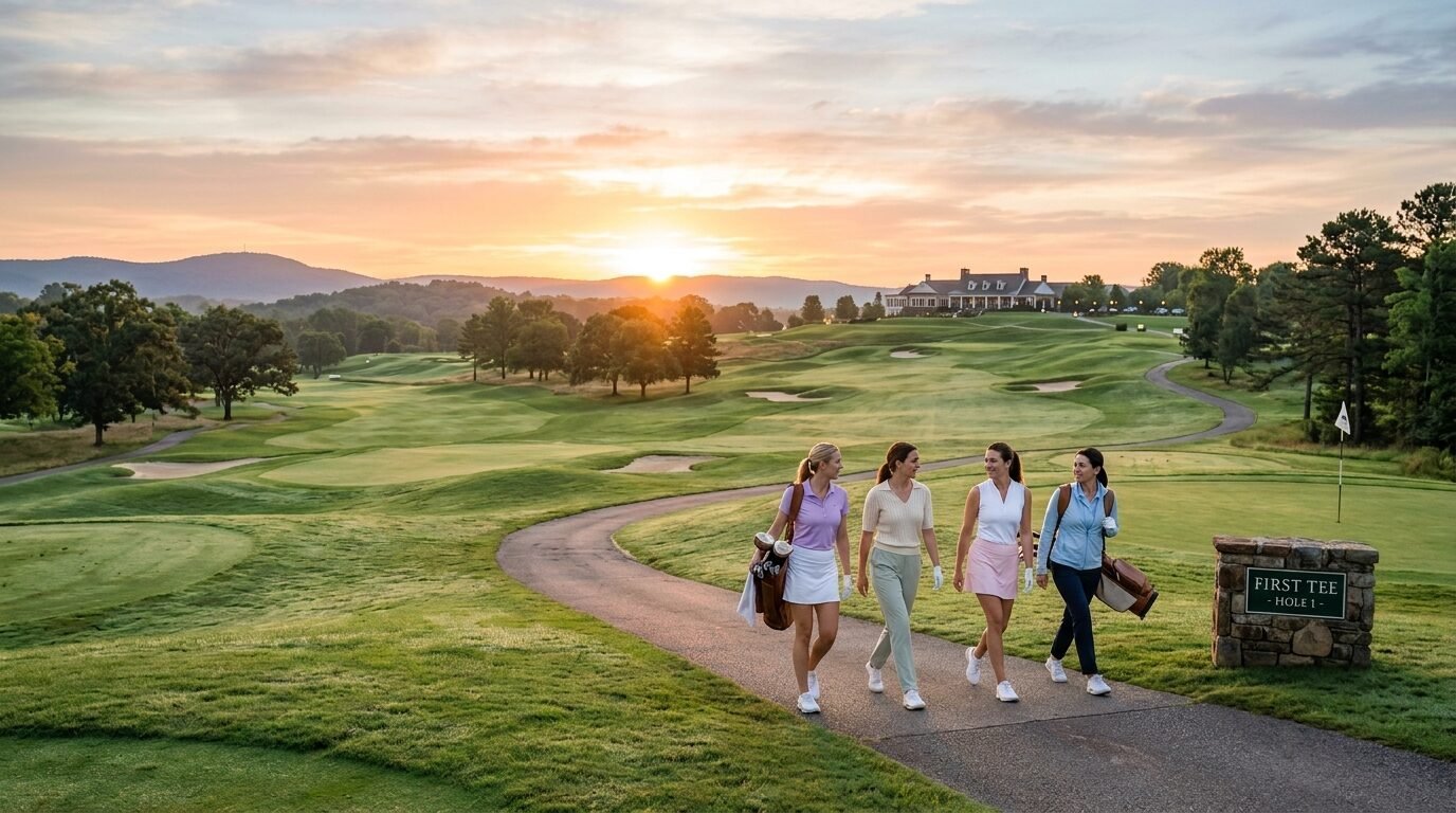 Four women with golf bags walking on a paved path at a scenic golf course during sunrise.