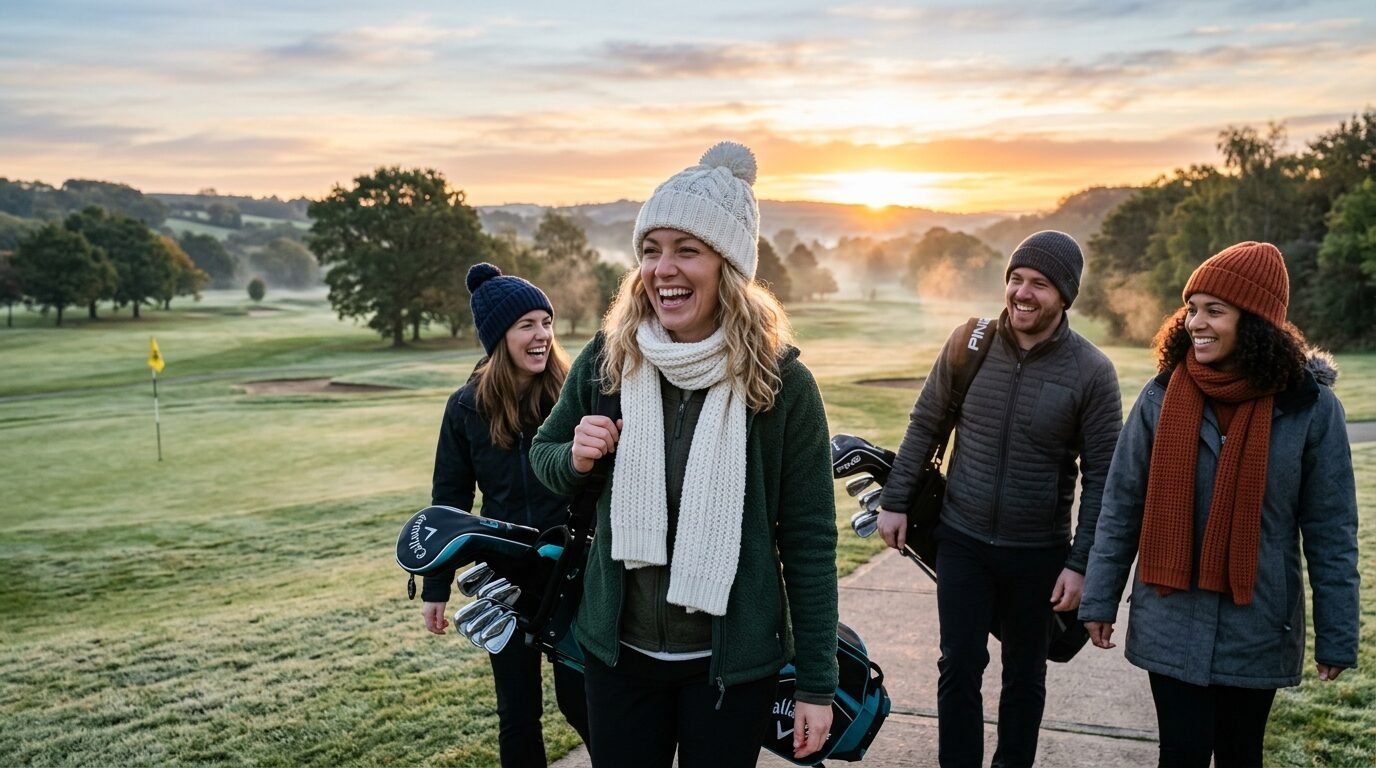 Four friends in winter hats and scarves walking with golf bags during a misty sunrise on a grassy fairway.