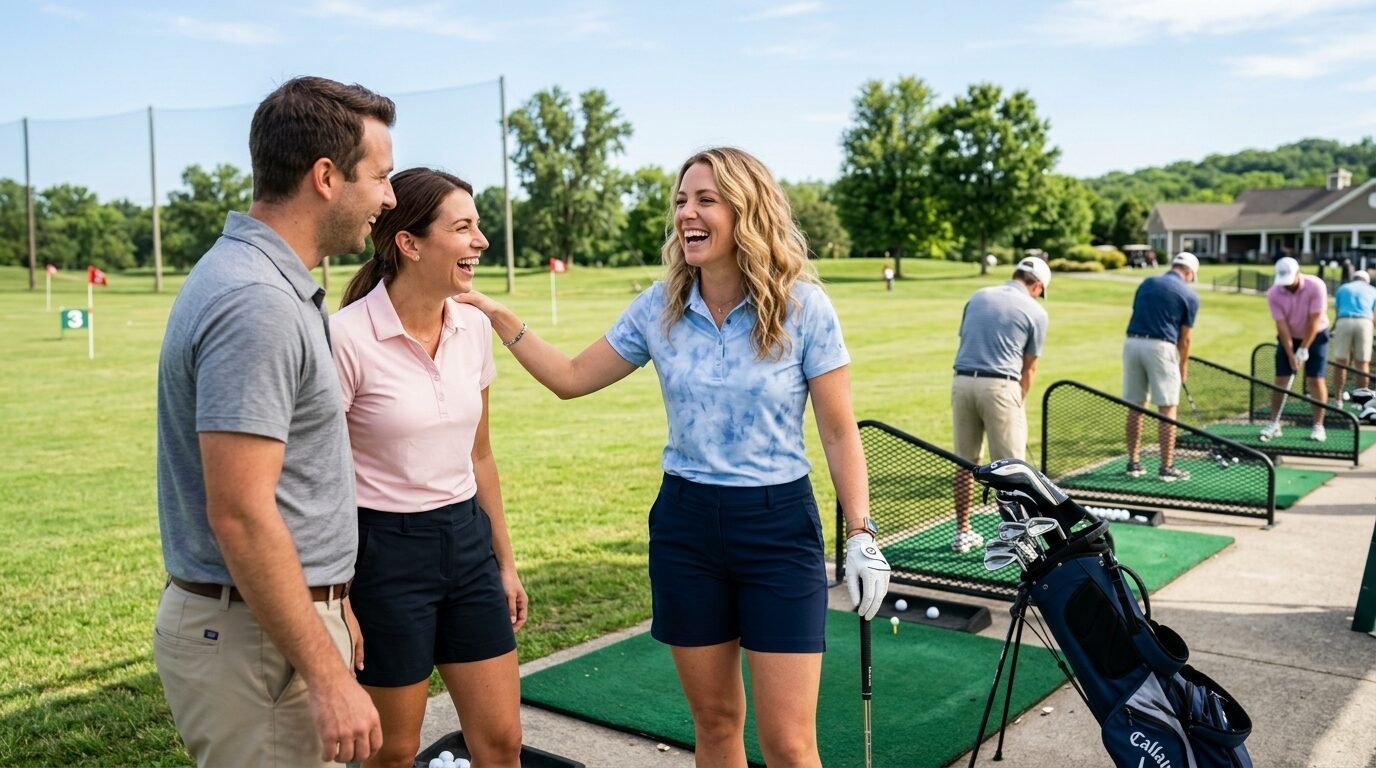 A man and two women talking and laughing together at a sunny golf practice facility.