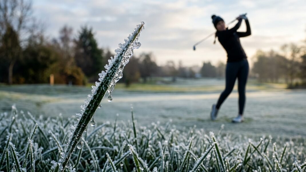 Close up of ice-covered grass with a woman playing golf in the out-of-focus background.