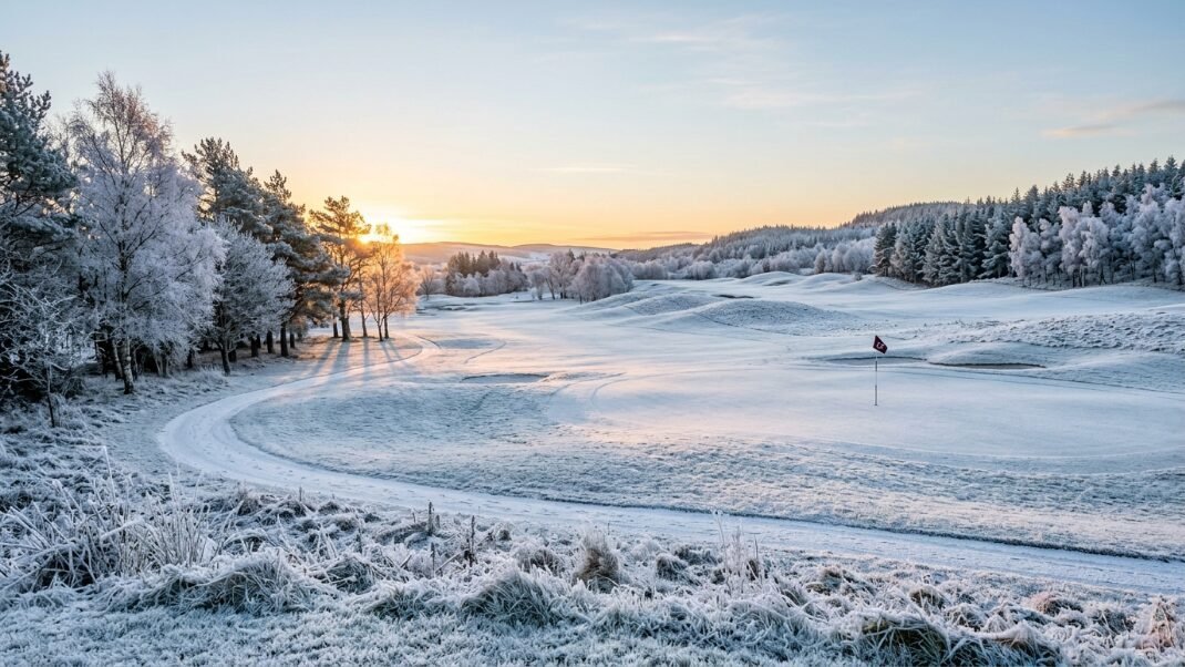 Snow-covered golf green with a red flag stick surrounded by frosted trees under a pale morning sky.