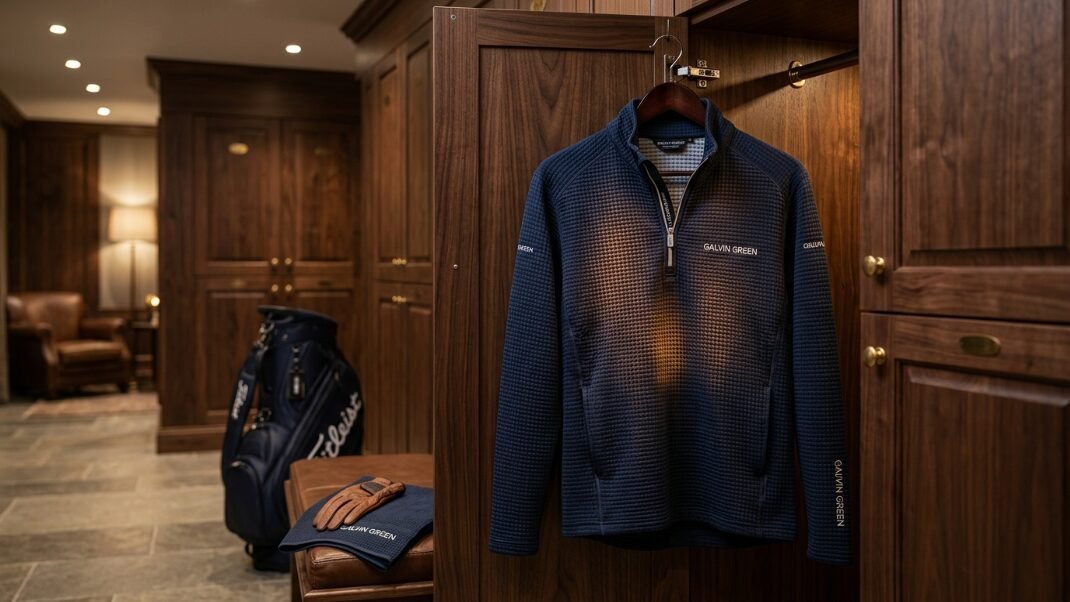 Textured blue zip-up sweater displayed inside a premium dark wood locker room.