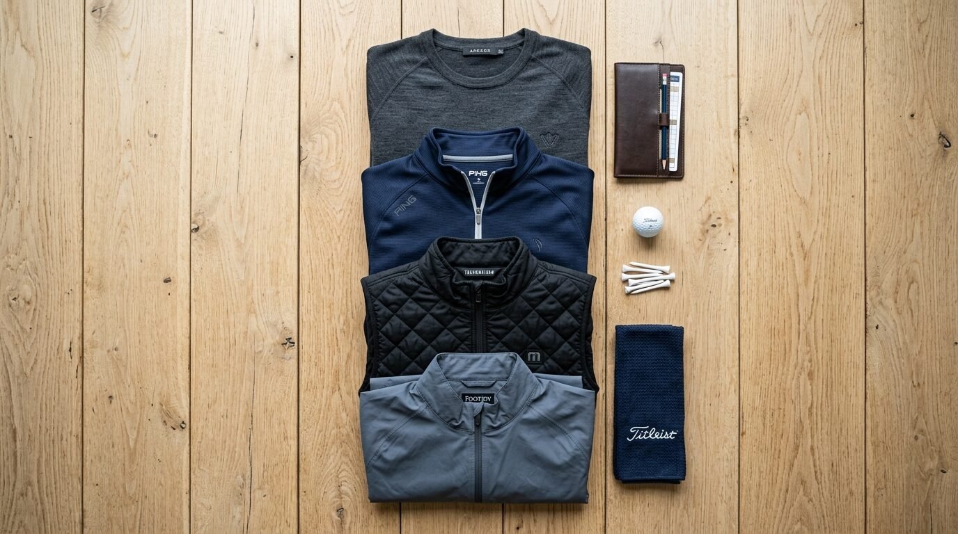 Folded golf shirts, a quilted vest, a leather scorecard holder, a ball, tees, and a towel on a wooden surface.