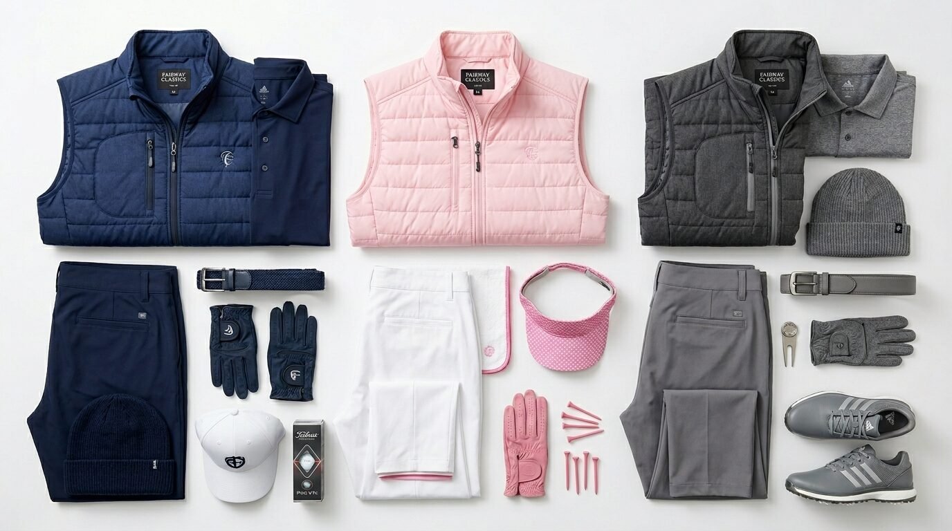 Collection of quilted golf vests, trousers, hats, gloves, and shoes displayed on a white background.