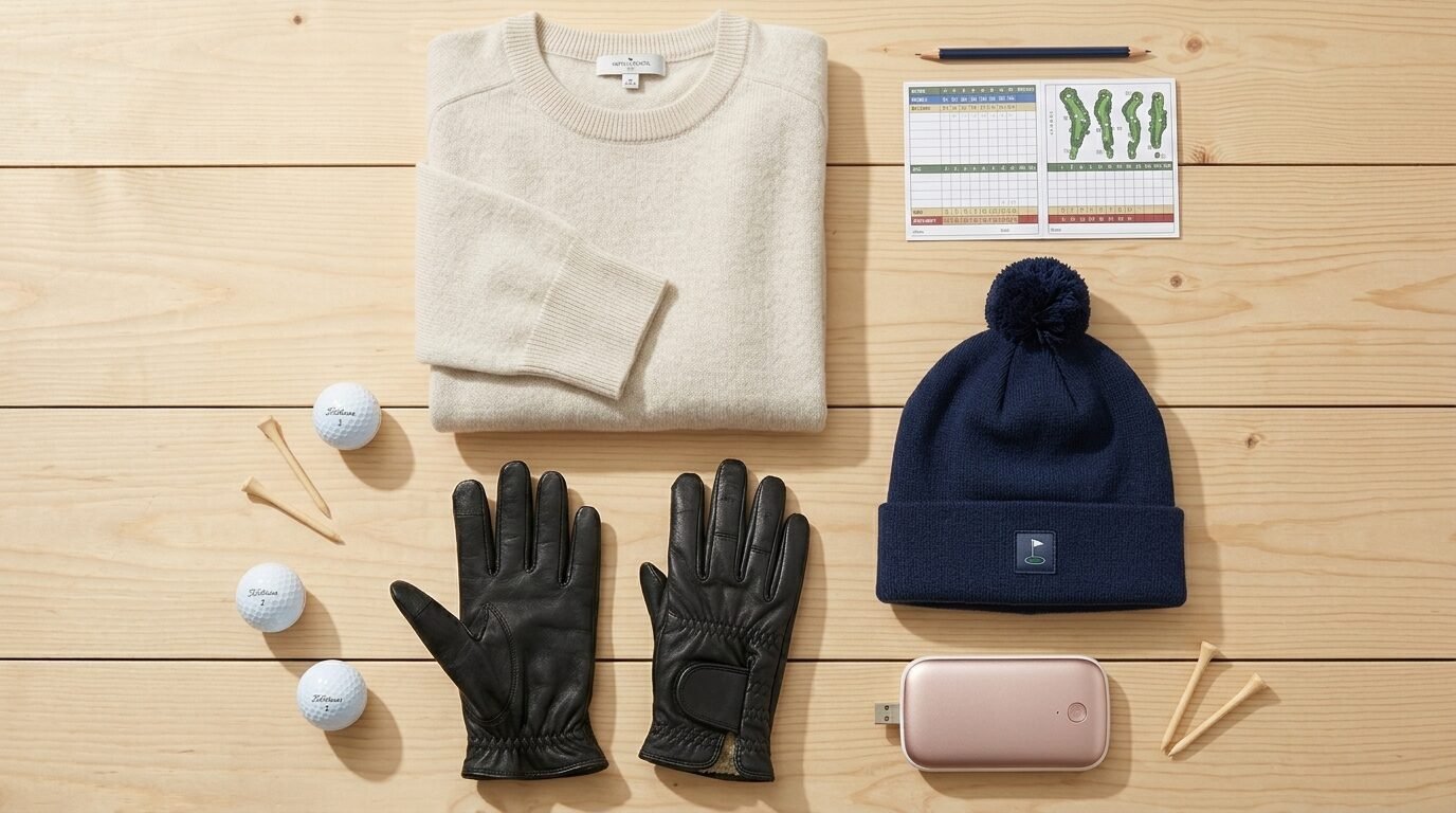 Beige sweater, navy pom-pom beanie, black leather golf gloves, balls, tees, and a scorecard on a wooden table.