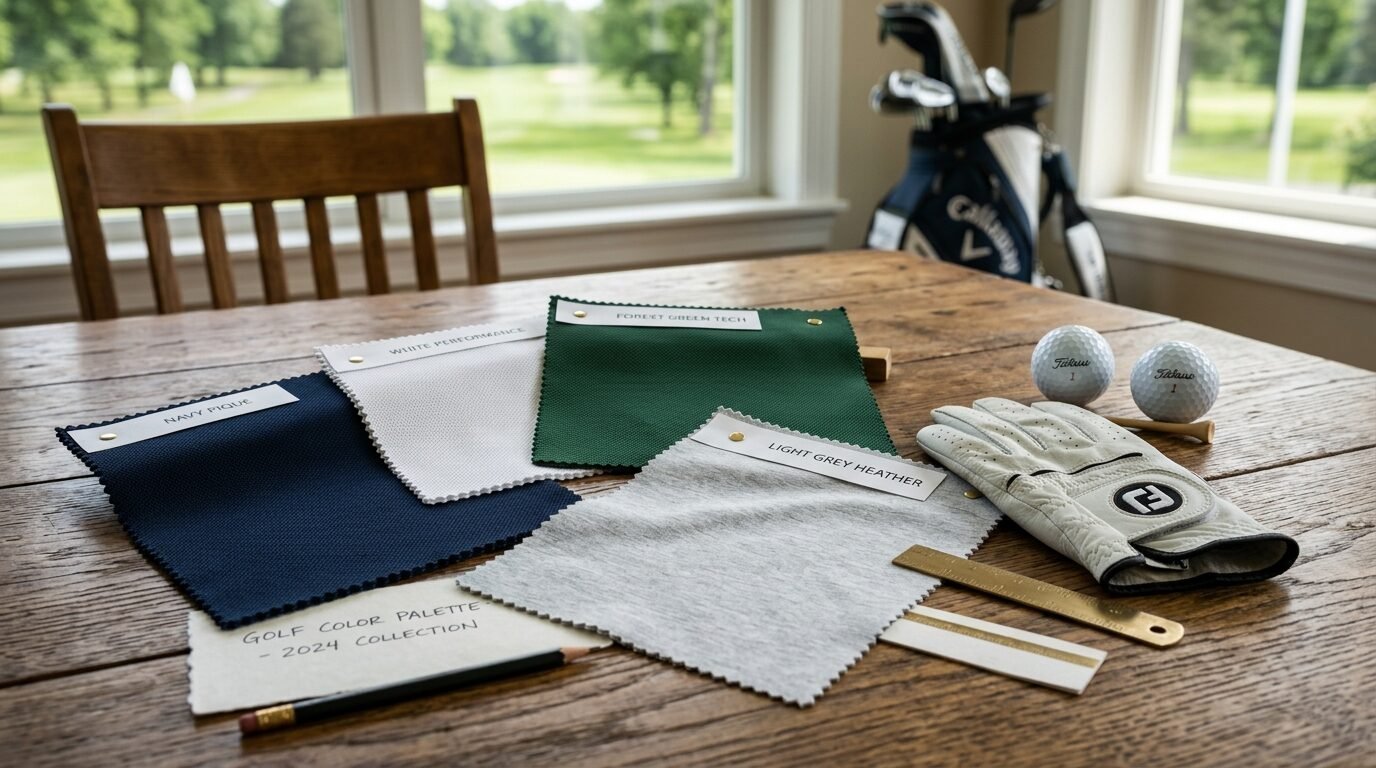 Close up of navy, white, green, and grey fabric swatches next to golf balls, a glove, and a pencil.