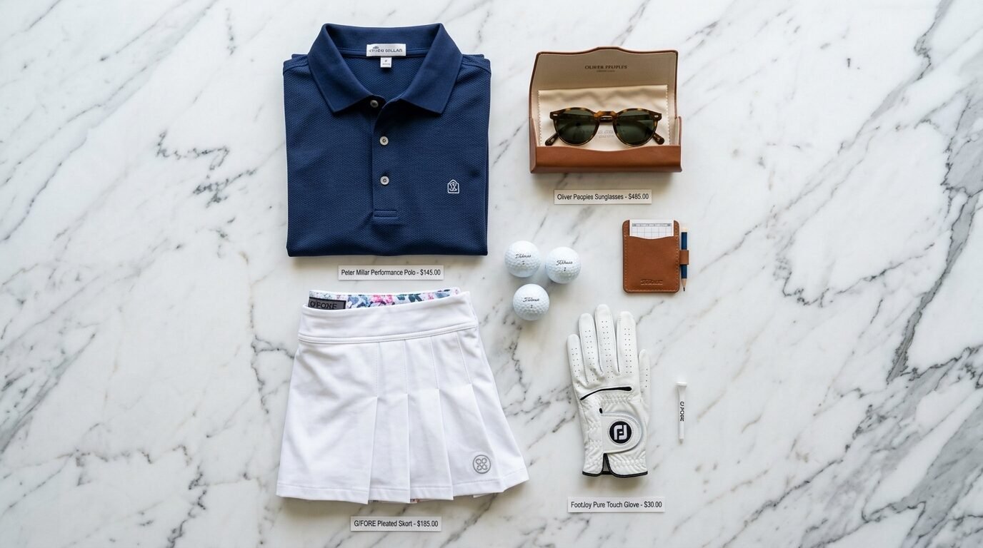 Top-down view of a blue polo, white pleated skort, golf balls, sunglasses, glove, and scorecard on marble.