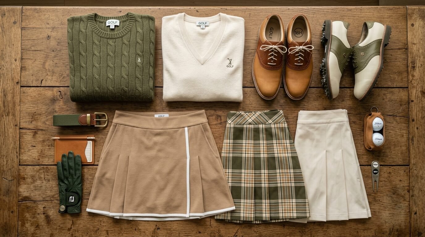Selection of golf sweaters, pleated skirts, leather golf shoes, a glove, and balls arranged on a rustic wooden table.
