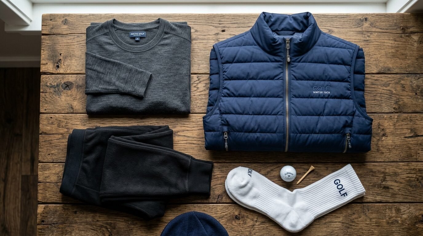 Folded blue quilted vest, grey long sleeve shirt, black joggers, and a golf ball with a wooden tee on wood.