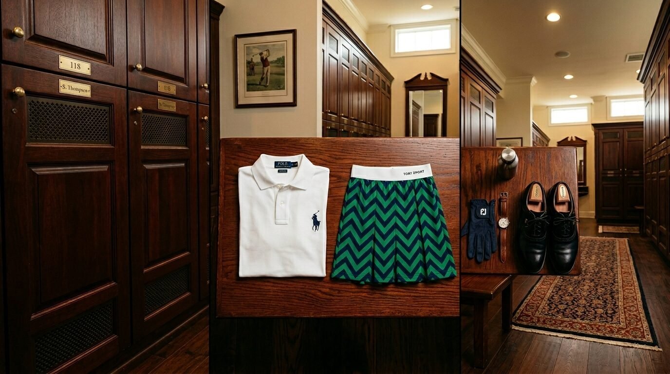White polo shirt and chevron patterned skort displayed on a wooden surface in a golf locker room.