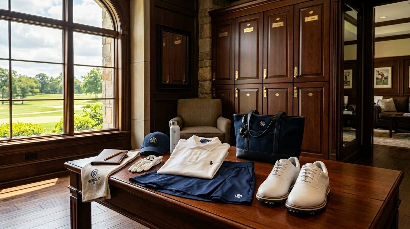 Golf shirt, skirt, shoes, and accessories displayed on a wooden table near windows overlooking a golf course.
